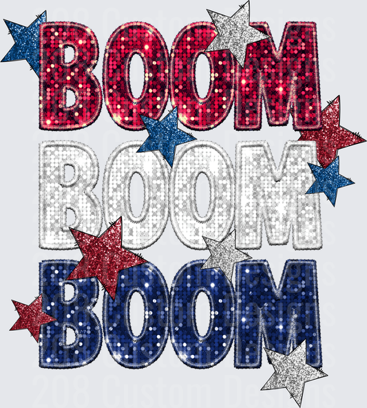 BOOM BOOM BOOM Patriotic Sequin Text with Red White Blue Stars