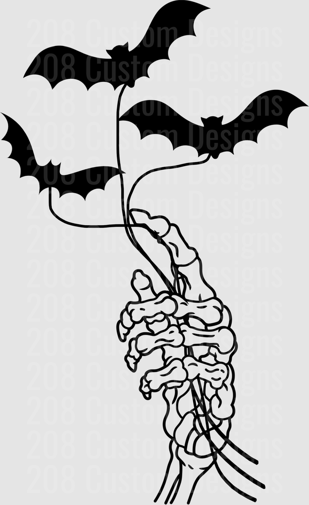 Skeleton Hand Holding Three Flying Bats on String