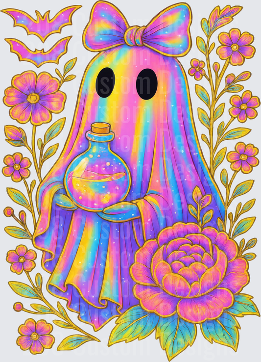 Rainbow Ghost with Bow Holding Potion Bottle Floral Halloween