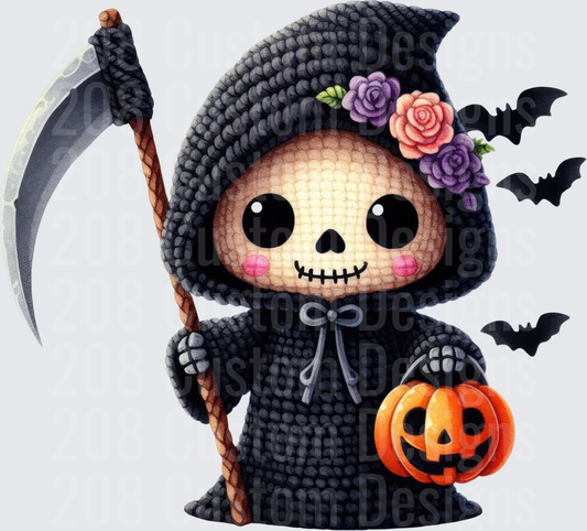 Cute Crochet Grim Reaper with Flowers Pumpkin and Bats
