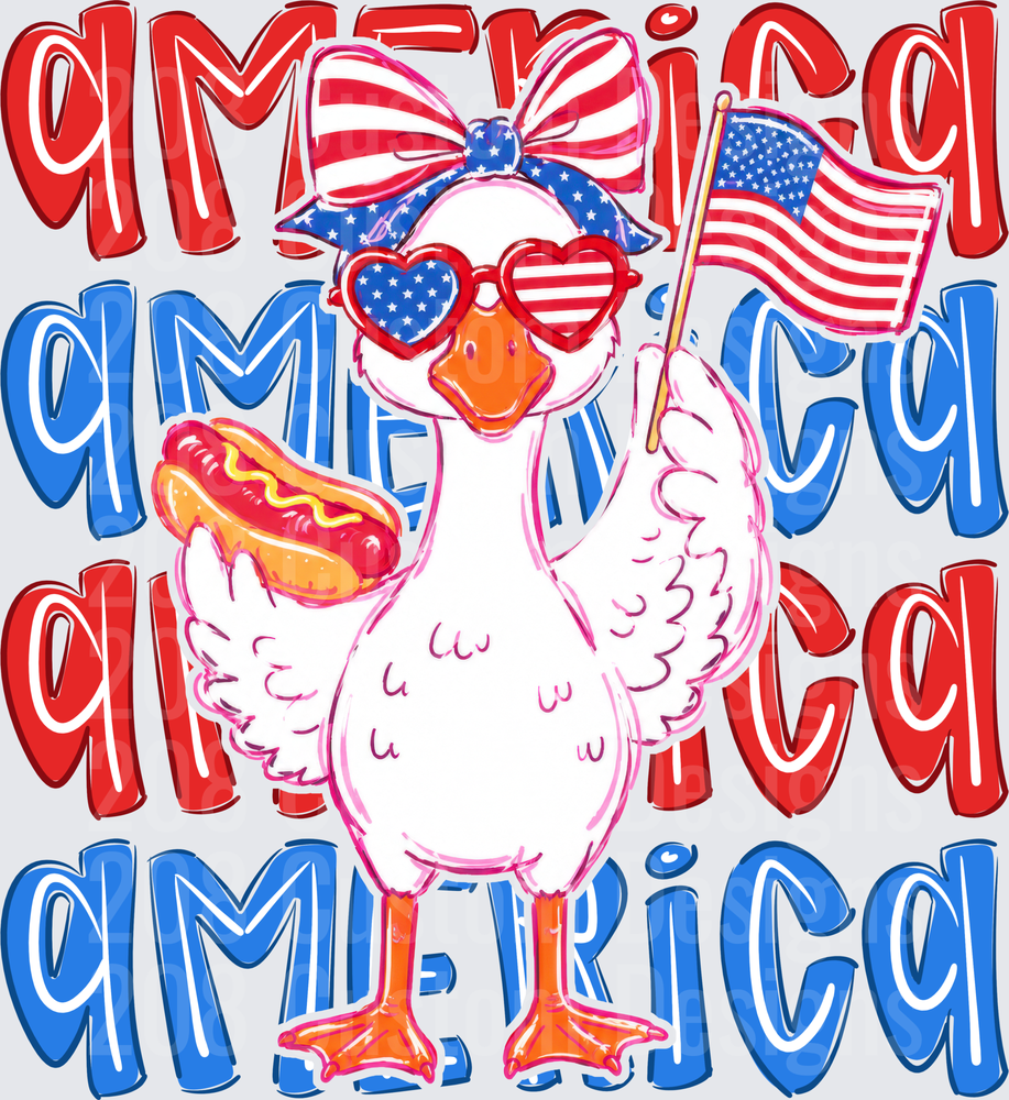 Patriotic Duck Wearing American Flag Sunglasses Holding Hot Dog and Flag with America Text