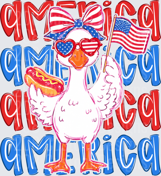 Patriotic Duck Wearing American Flag Sunglasses Holding Hot Dog and Flag with America Text