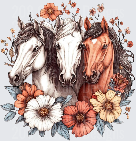 Three Horse Heads with Autumn Floral Wreath Design