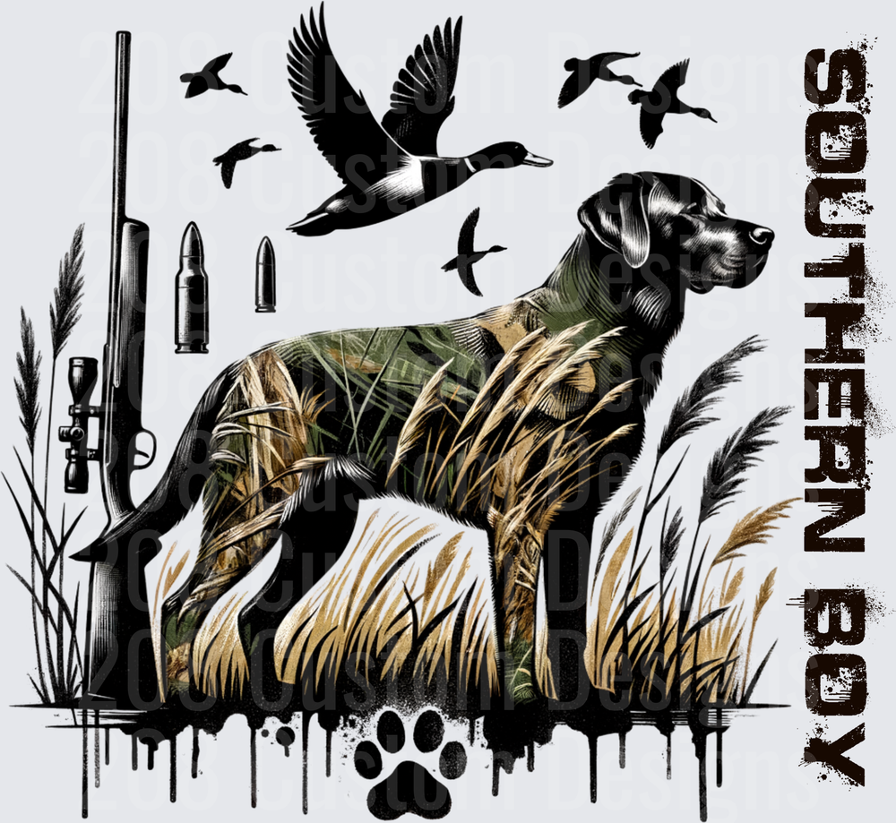 Duck Hunting Dog with Flying Ducks and Shotgun Scene