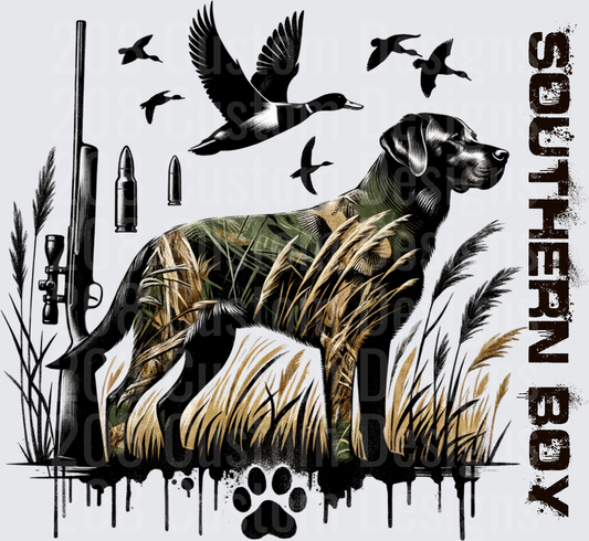 Duck Hunting Dog with Flying Ducks and Shotgun Scene