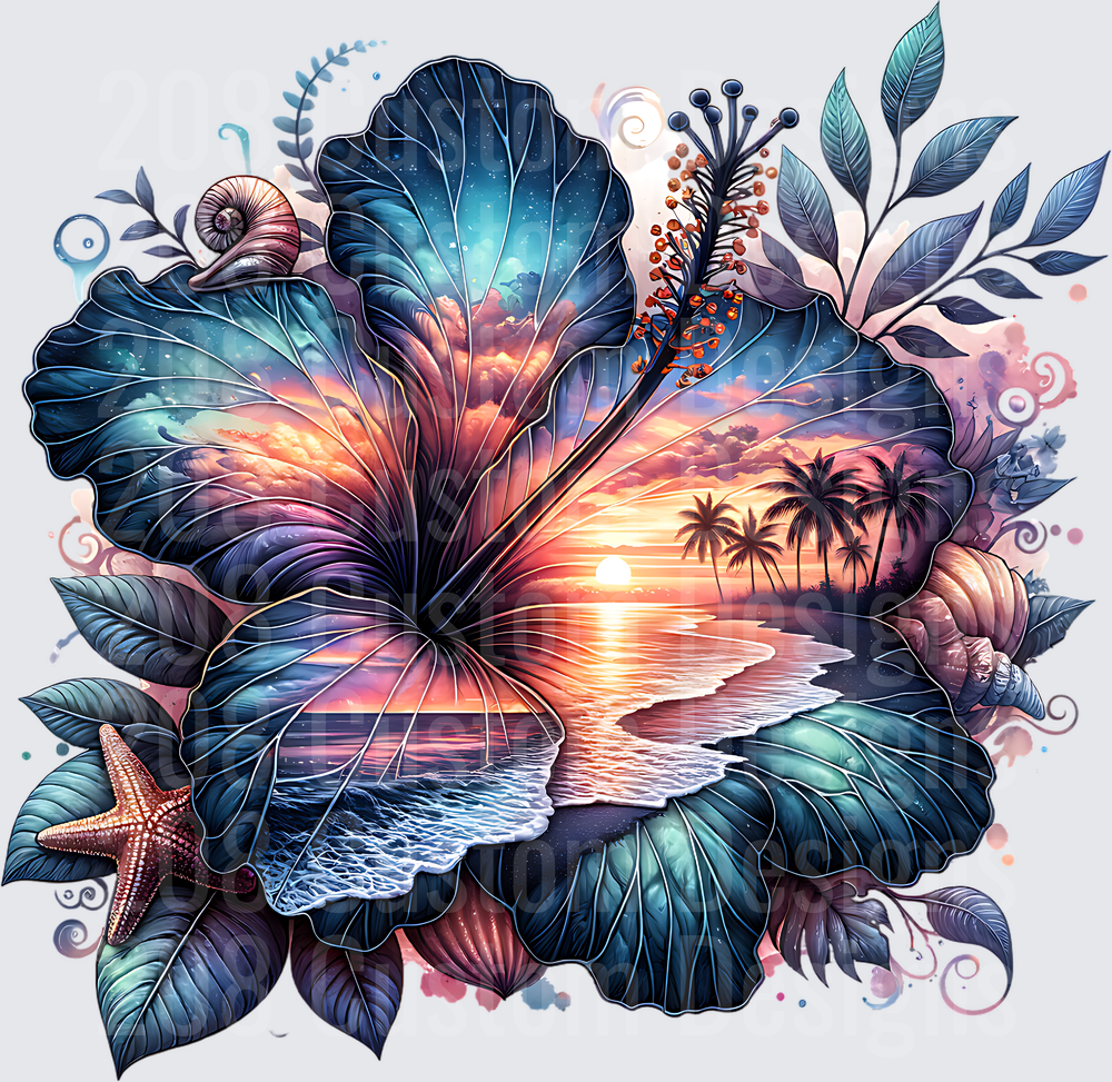 Tropical Hibiscus Flower with Beach Sunset and Palm Trees