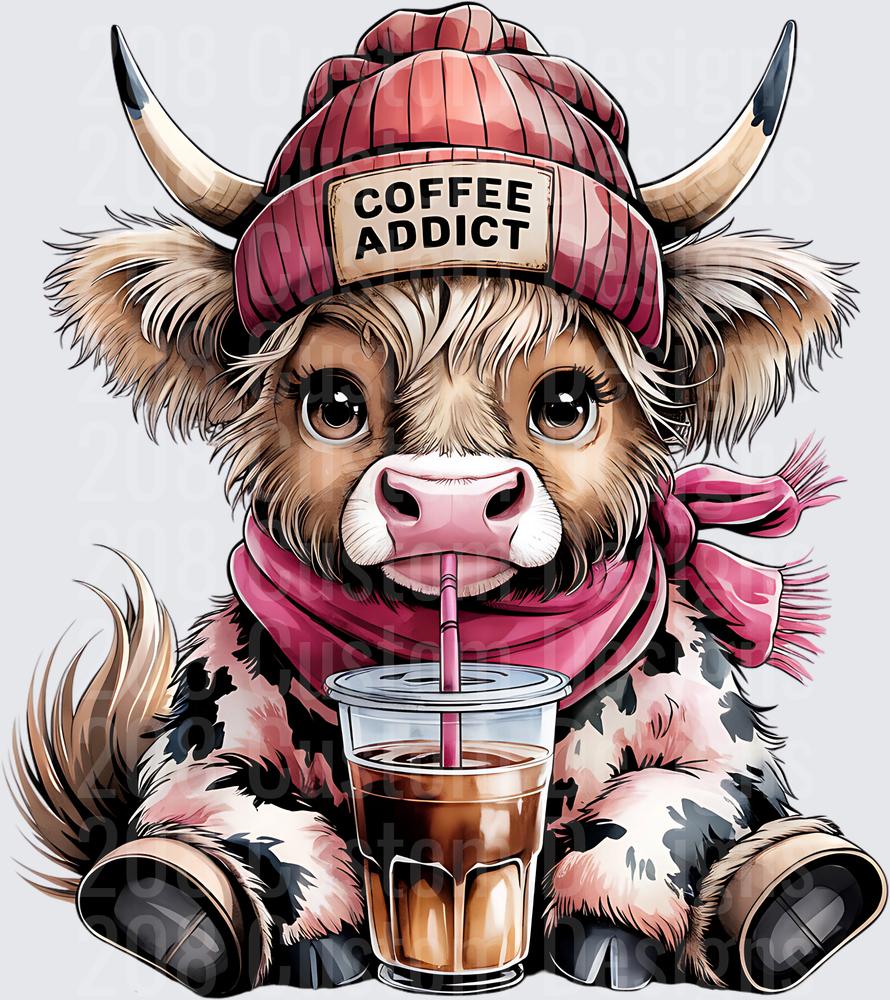 Coffee Addict Highland Cow with Beanie Drinking Iced Coffee