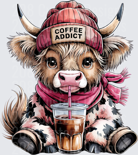 Coffee Addict Highland Cow with Beanie Drinking Iced Coffee