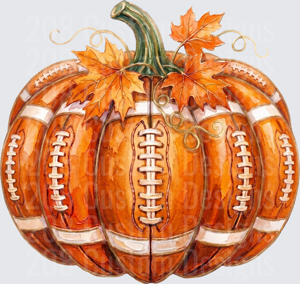 Football Laced Pumpkin with Fall Maple Leaves and Vines