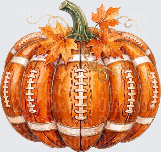 Football Laced Pumpkin with Fall Maple Leaves and Vines