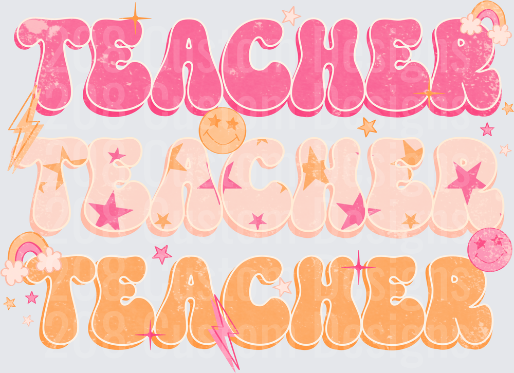 Retro Groovy Teacher Triple Stacked Pink Orange Bubble Letters