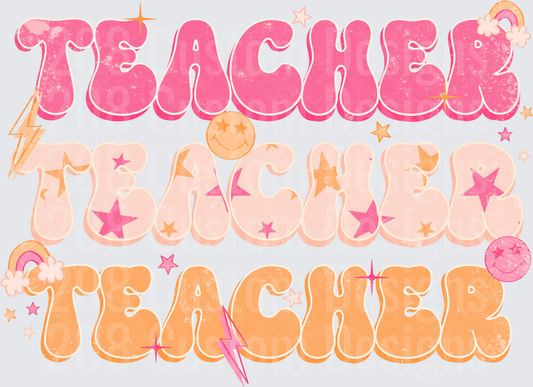 Retro Groovy Teacher Triple Stacked Pink Orange Bubble Letters