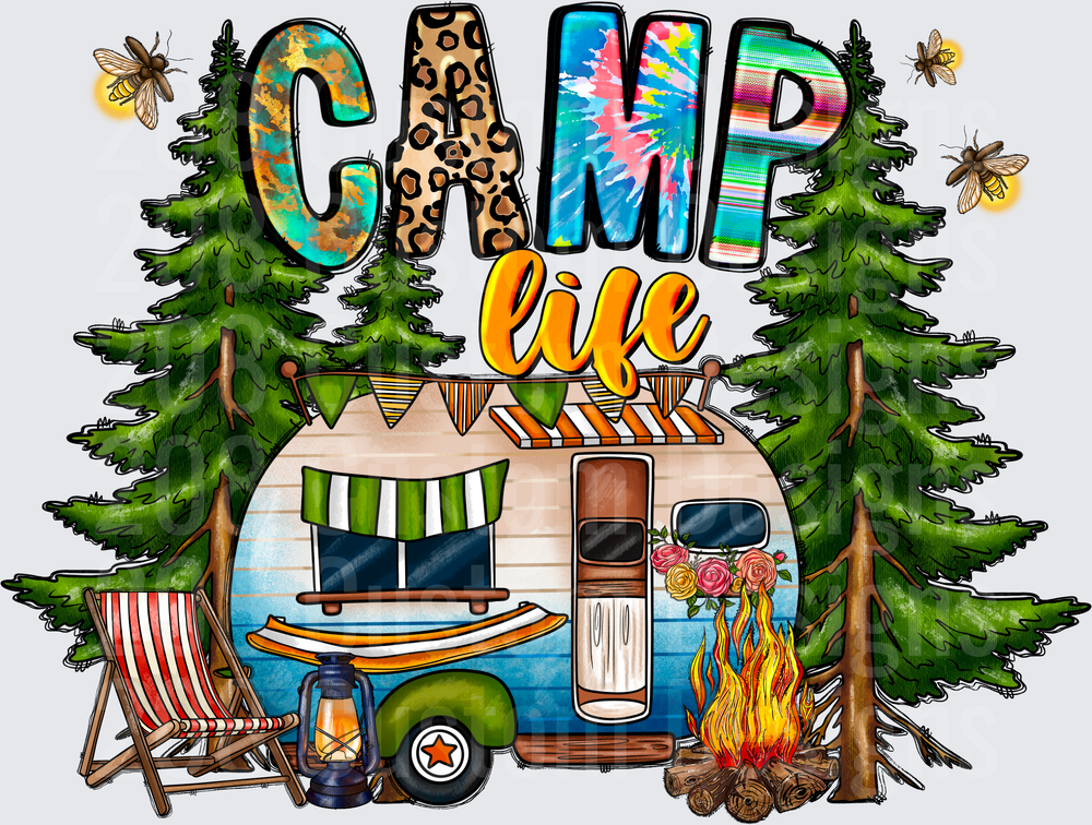 Camp Life Vintage Travel Trailer with Pine Trees and Campfire Scene