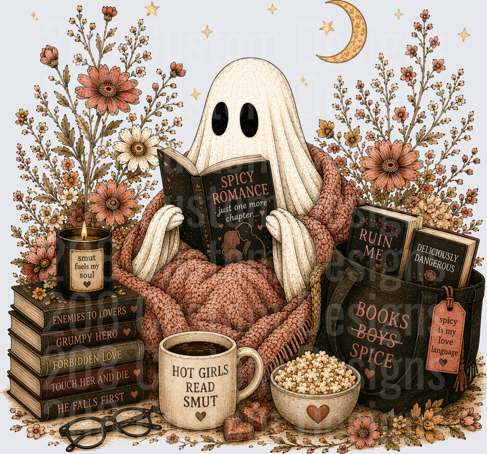 Cozy Ghost Reading Spicy Romance Books Floral Halloween