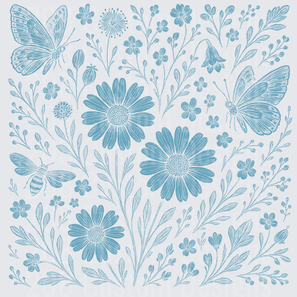 Blue Hand-Drawn Botanical Garden with Daisies Butterflies and Bee