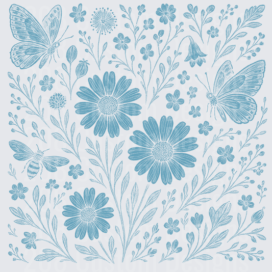 Blue Hand-Drawn Botanical Garden with Daisies Butterflies and Bee