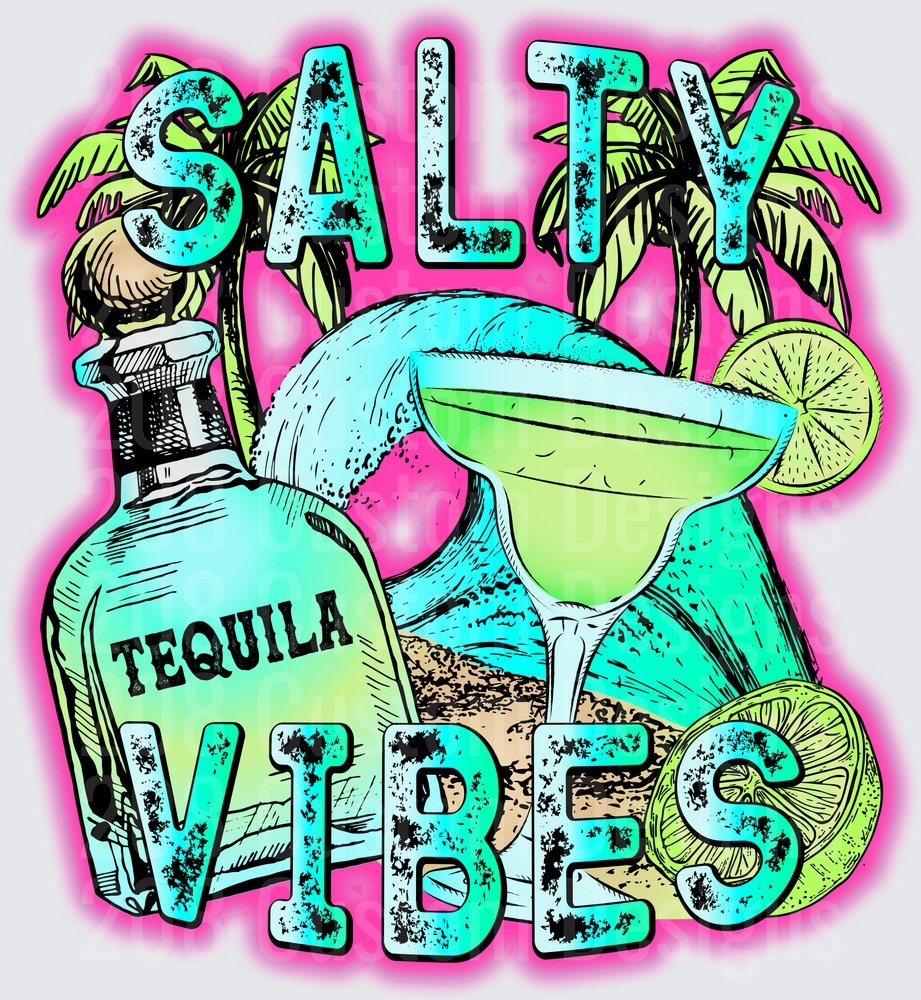 Salty Vibes Tequila Margarita with Palm Trees and Beach Scene