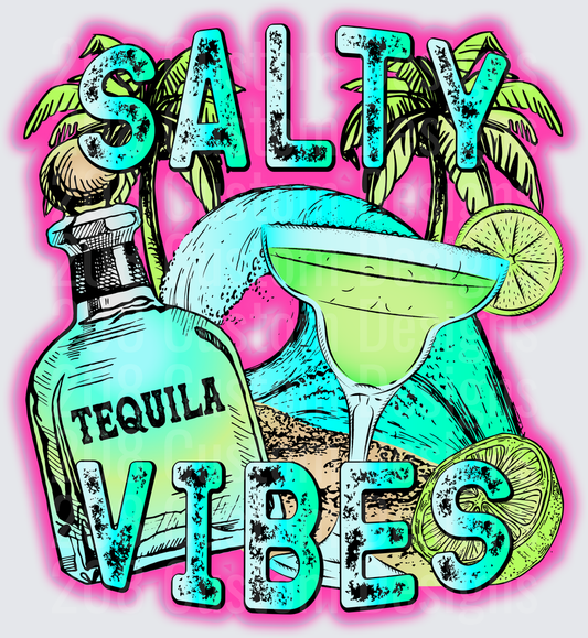 Salty Vibes Tequila Margarita with Palm Trees and Beach Scene