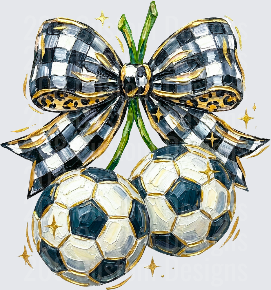 Black White Checkered Bow Soccer Ball Cherry Gold Sparkle