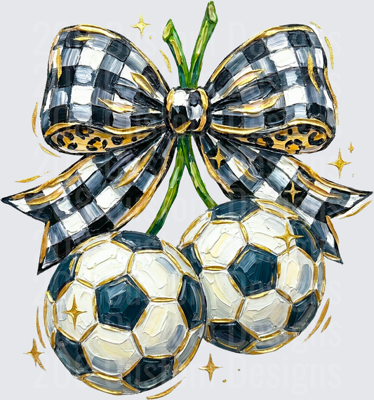 Black White Checkered Bow Soccer Ball Cherry Gold Sparkle