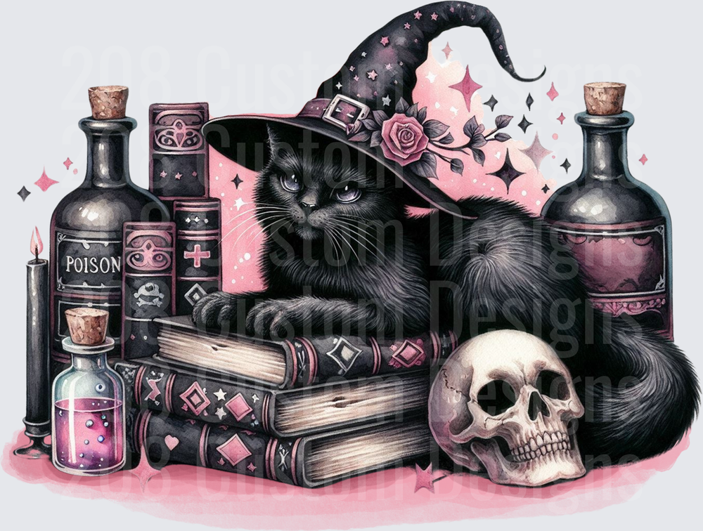 Black Cat Witch Hat Spellbooks Skull Poison Bottles Pink Goth