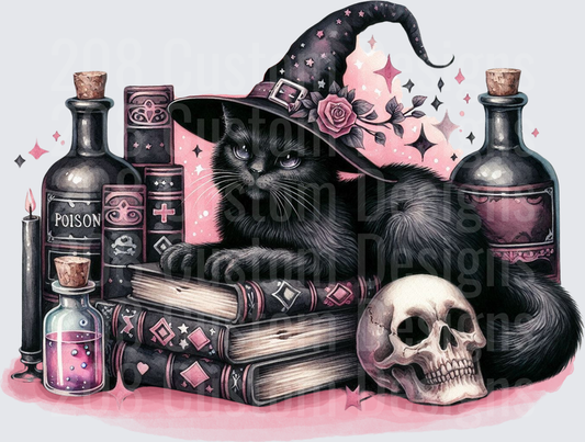 Black Cat Witch Hat Spellbooks Skull Poison Bottles Pink Goth