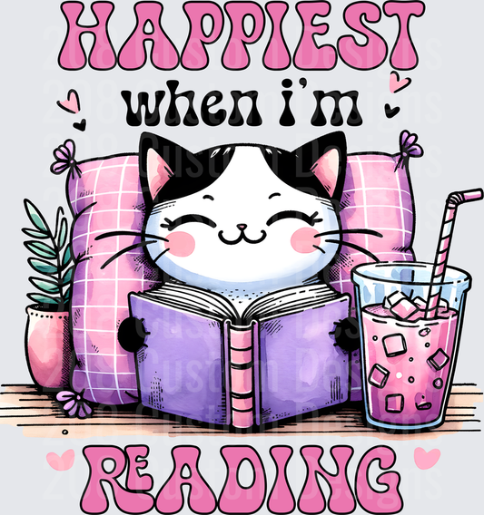 Happiest When I'm Reading Cute Cat with Book and Pink Drink