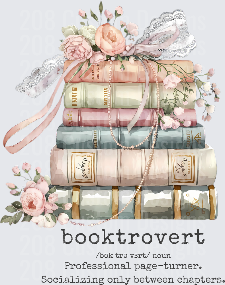 Booktrovert Definition Stack of Books with Pink Roses and Pearls