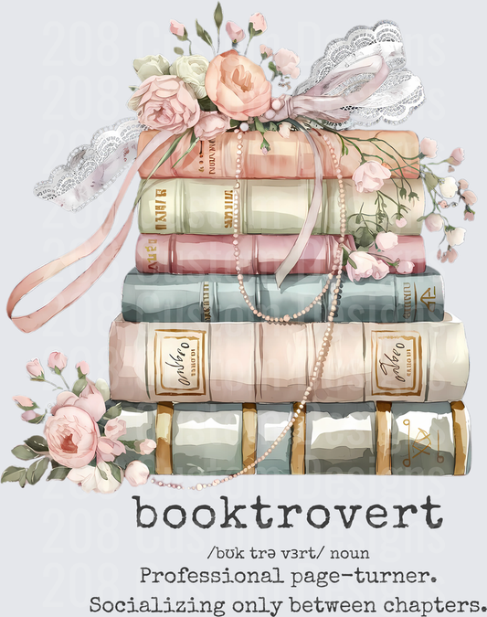 Booktrovert Definition Stack of Books with Pink Roses and Pearls