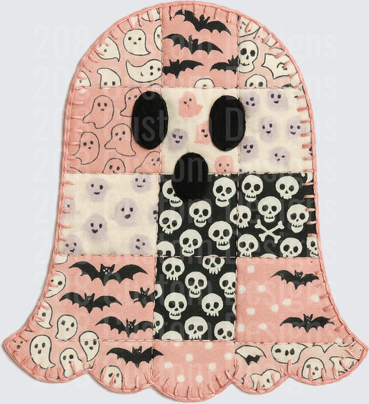Patchwork Quilt Ghost Halloween Pink Skulls Bats