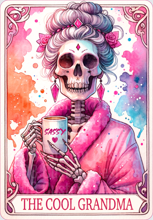 Sassy Skull Grandma with Coffee Cup Tarot Card Design