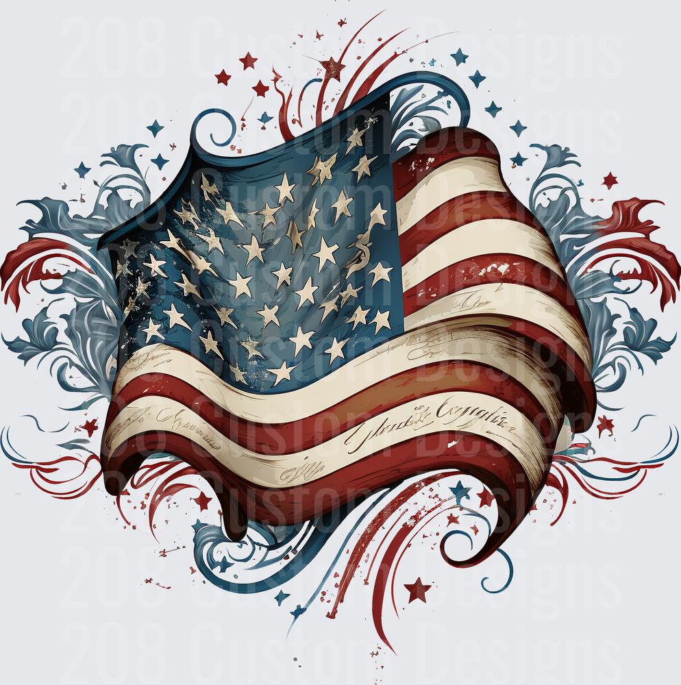 Vintage American Flag with Patriotic Flourish Design