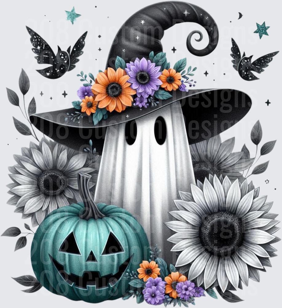 Floral Witch Hat Ghost Teal Jack-O-Lantern Halloween
