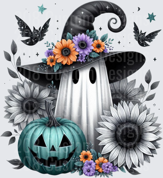 Floral Witch Hat Ghost Teal Jack-O-Lantern Halloween