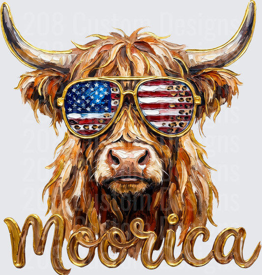 Highland Cow Wearing American Flag Sunglasses Merica Design