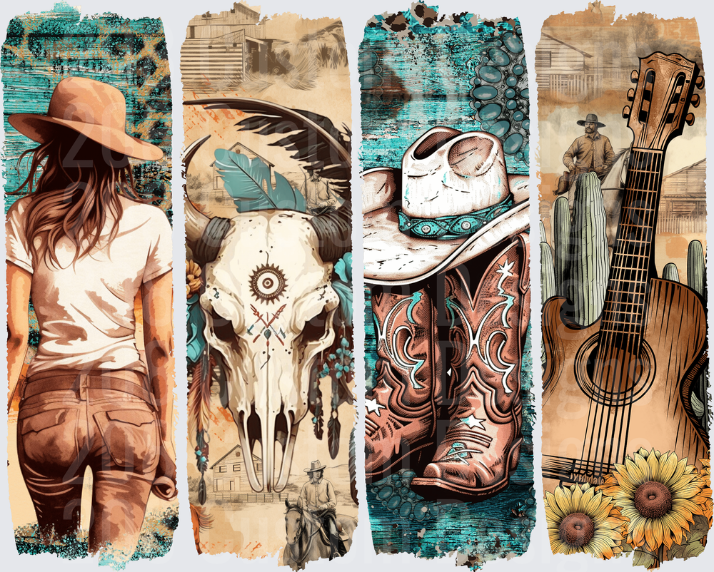 Western Cowgirl Buffalo Skull Boots Guitar Desert Panel Design
