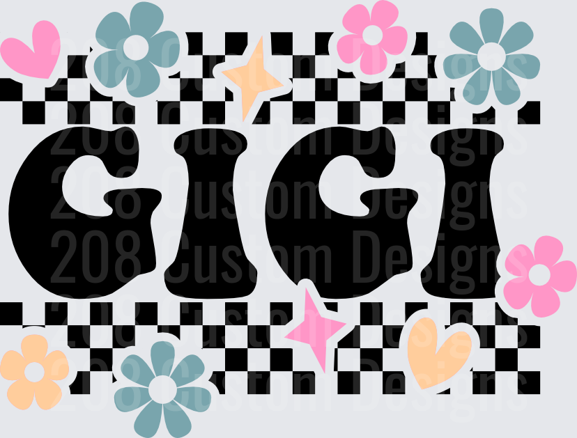 GIGI Text with Checkered Pattern and Pastel Flowers