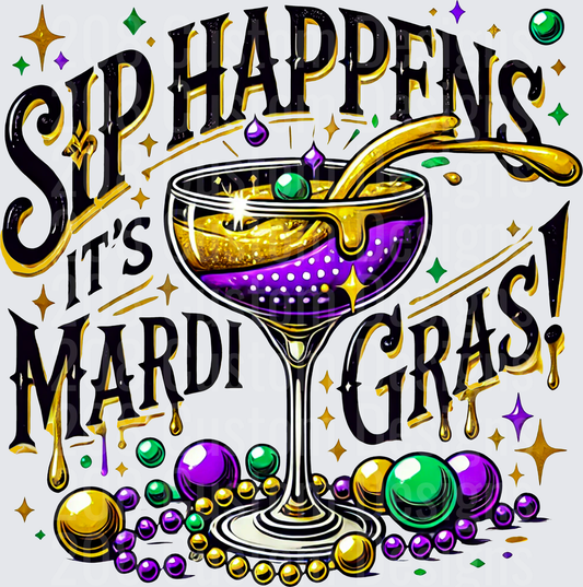 Sip Happens It's Mardi Gras Cocktail Glass with Beads