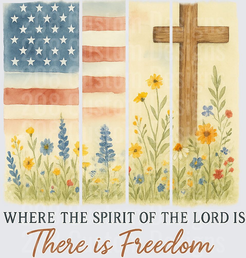Where The Spirit of the Lord Is There Is Freedom American Flag Cross Wildflowers