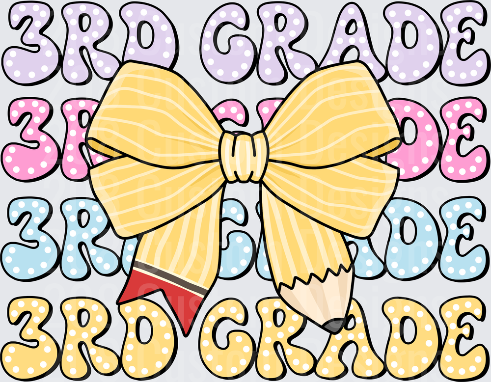 3rd Grade Stacked Polka Dot Letters Pencil Yellow Bow