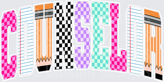 Counselor Retro Checkered Pencil Patterned Bold Letters
