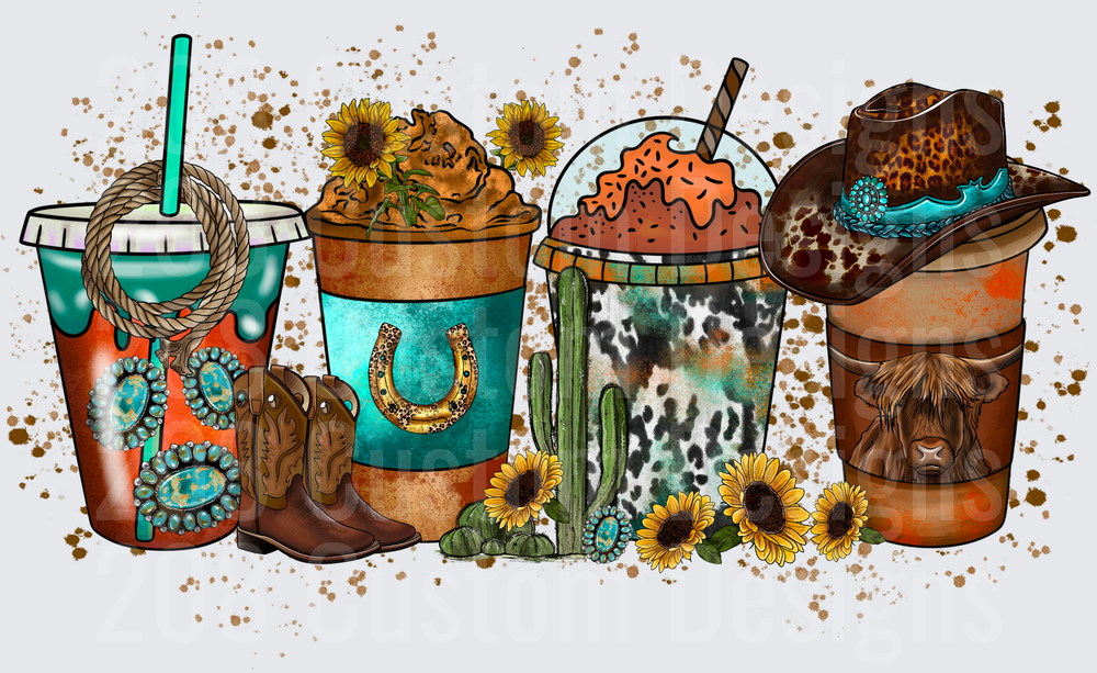 Western Cowboy Coffee Cups with Boots Sunflowers and Cacti