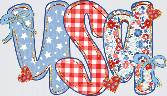 Patriotic USA Letters with Stars Gingham and Floral Patterns
