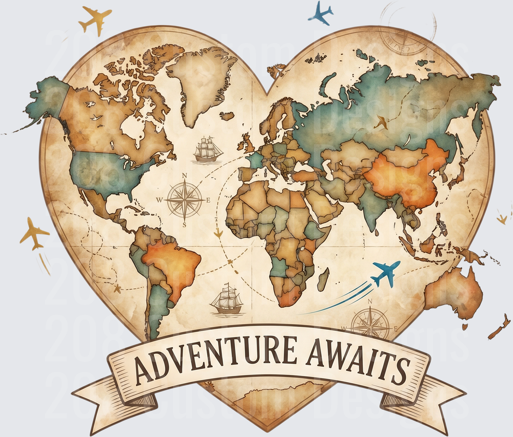 Adventure Awaits Heart-Shaped World Map with Vintage Compass