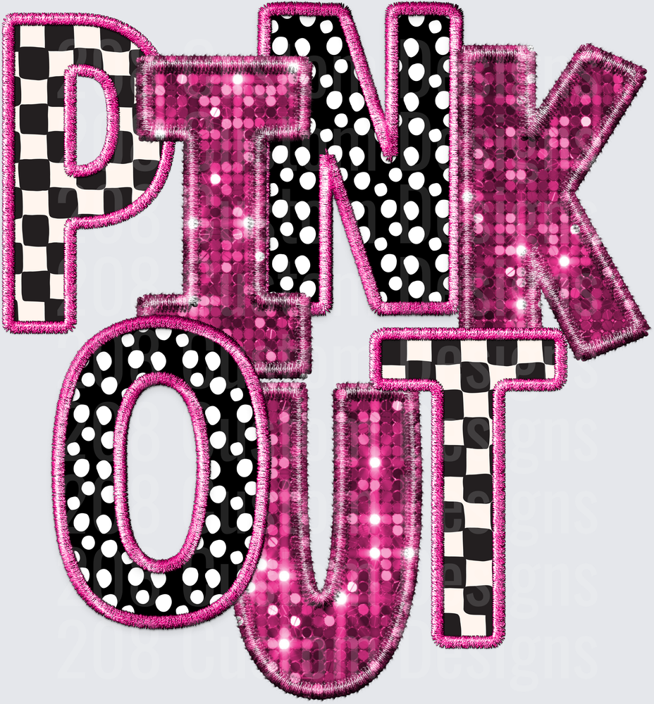 PINK OUT Embroidered Applique Letters with Sequins Polka Dots and Checkered Pattern