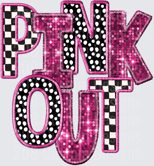 PINK OUT Embroidered Applique Letters with Sequins Polka Dots and Checkered Pattern