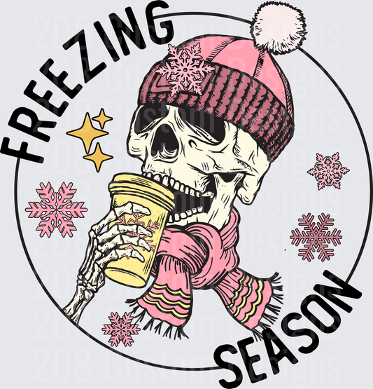 Freezing Season Skull in Pink Winter Hat Drinking Coffee