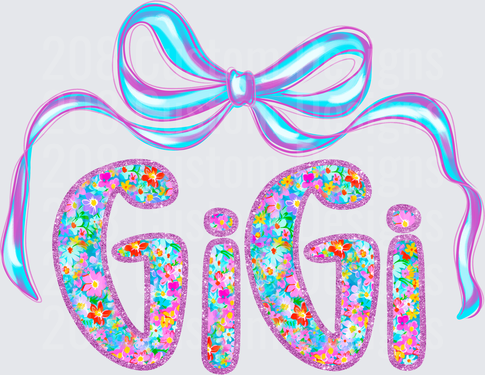GiGi Text with Holographic Bow and Floral Pattern