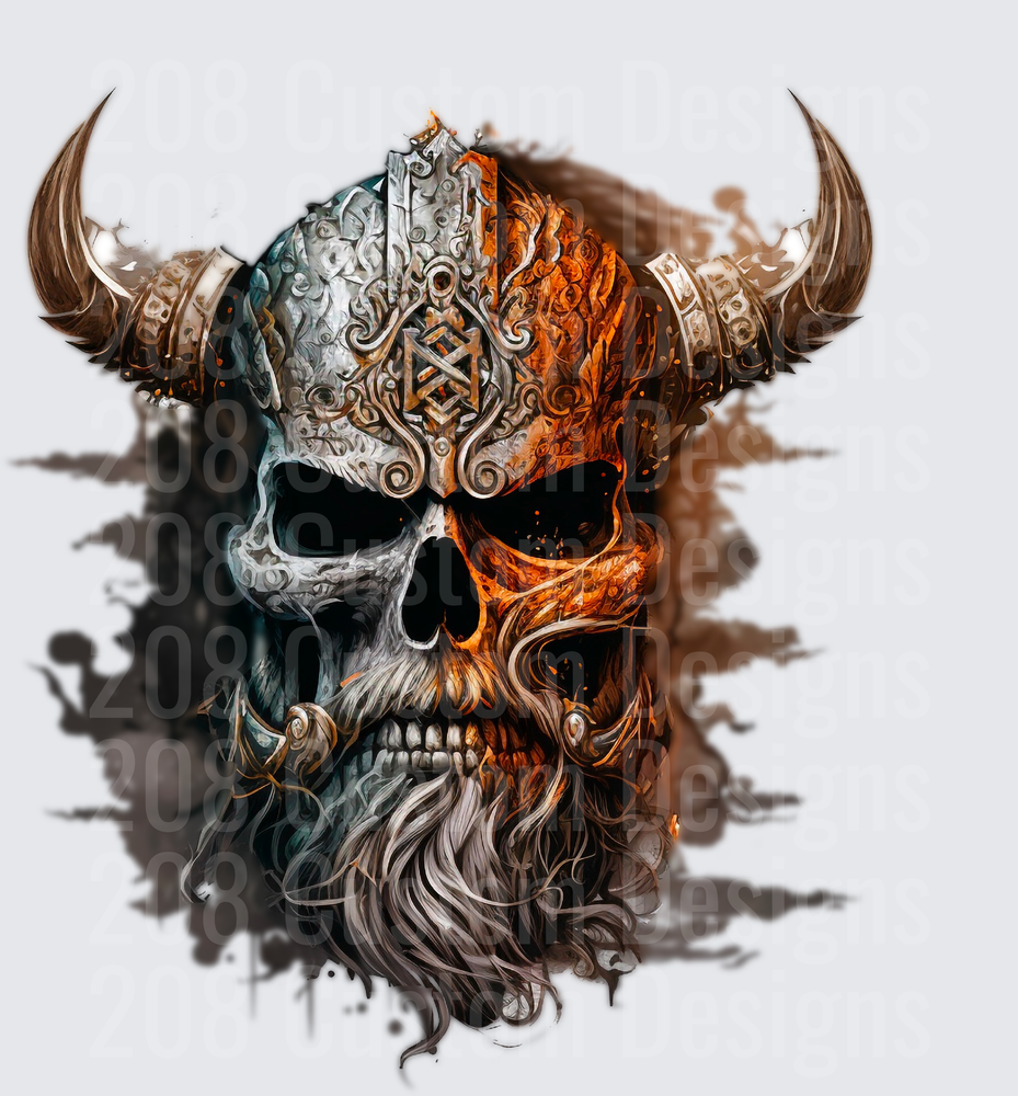 Viking Skull with Horned Helmet and Flowing Beard