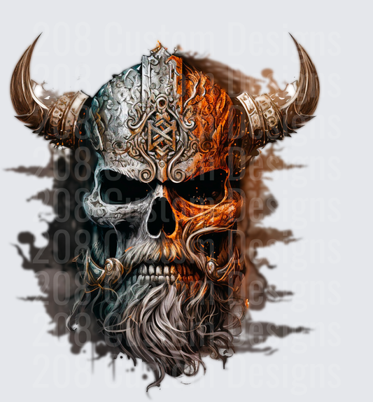 Viking Skull with Horned Helmet and Flowing Beard